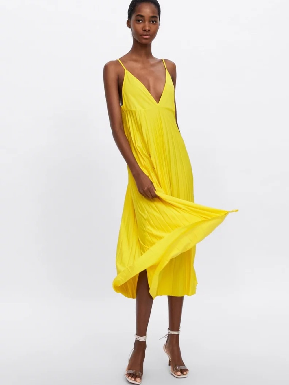 Zara Bright Yellow V-Neck Pleated Midi Dress